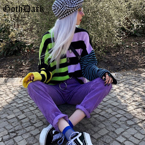 Goth Dark Vintage Gothic Colorful Striped Sweaters E-Girl Harajuku Punk Fashion Color Blocking Aesthetic Pullovers For Women ► Photo 1/6