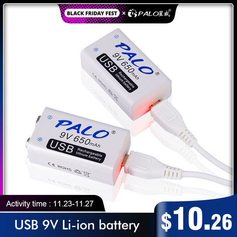 PALO 2-20pcs 9V 6F22 USB  lithium Rechargeable Battery 9 volt 650mAh li-ion li ion liion smart fast charging batteries ► Photo 1/6