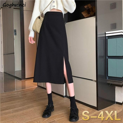 Skirts Women Black High-waist Side-split Midi Skirt Ladies Stretchy Body-con A-line Vintage Elegant All-match Simple Fashion New ► Photo 1/6