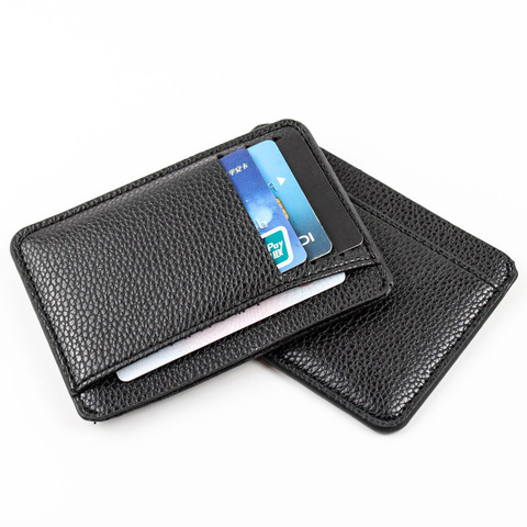 Hot Black Simple Solid Color Men Card Holder PU Leather 6 Cards Slot Ultra-thin Lichee Pattern Wallet Card & ID Holders Bags ► Photo 1/6
