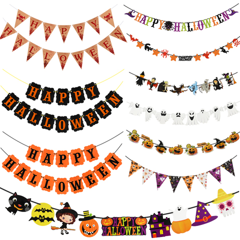 Happy Halloween Paper Banner Horror Bat Pumpkin Witch Spider Skull Garland For Halloween Party Hanging Decoration Bunting Flags ► Photo 1/6