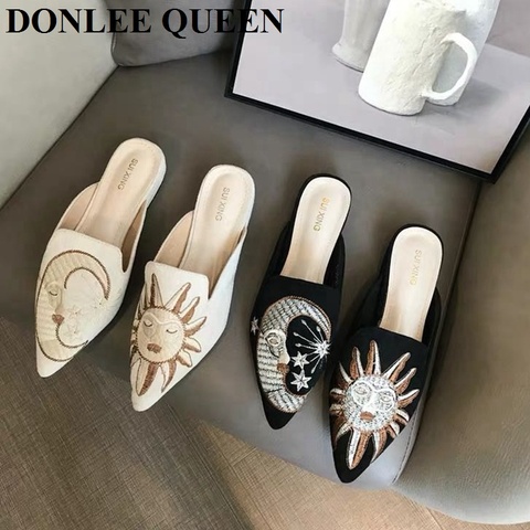 Big Size 35-42 Slippers Women Slip On Slides Flat Pointed Toe Embroider Mules Shoes Women New Casual Flip Flops zapatillas mujer ► Photo 1/1