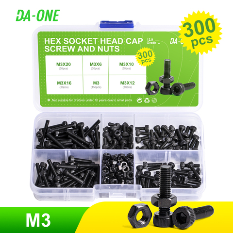 DA-ONE 300pcs M3 12.9 Grade Carbon Steel Black Allen Bolt Hex Socket Round Cap Head Screw And Hex Nut Set Kit Din912 ► Photo 1/6