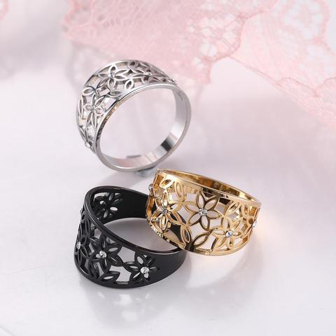 Teamer Women Elegant Flower Zircon Finger Ring Stainless Steel  Black Casual Engagement Rings Jewelry Gift for Friend Lover ► Photo 1/6