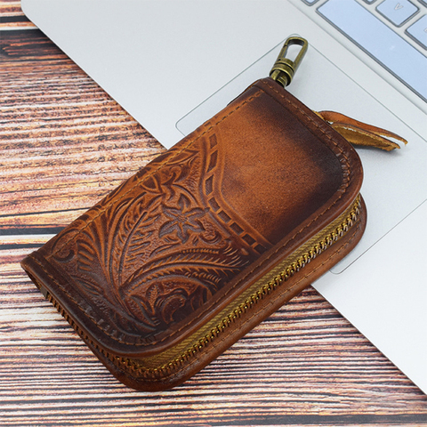 Genuine Leather Key Wallet Men Women Vintage Handmade Zipper Car Key Short Coins Organizer Housekeeper Case Purse Bag 2022 New ► Photo 1/6