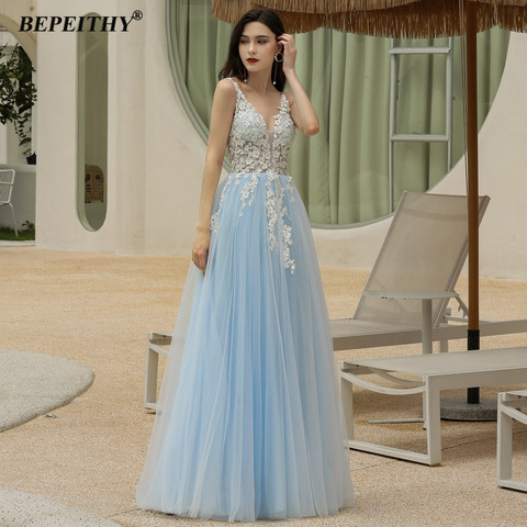 BEPEITHY Sky Blue Long Evening Dresses Woman Party Night White Lace A-Line Sexy V Neck Prom Gown Abendkleider 2022 New Arrival ► Photo 1/6