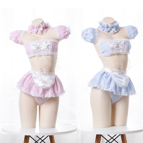 Kawaii Girls Candy Sweetheart Cosplay Maid Strapless Lace Plaid Underwear Set Anime Sexy Camisoles & Skirt Lingerie Set Dropship ► Photo 1/6
