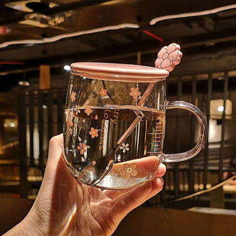 Sakura glass mug With Spoon&Ceramic Lid Japanese Flower Glass Creative Pink Cherry Blossom Glass Cup For Women Girl Drinking ► Photo 1/6