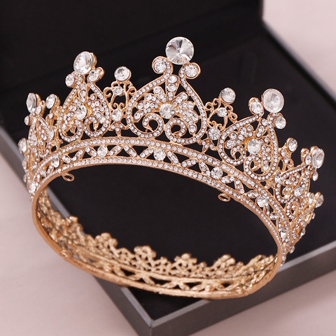 Gold Color Big Round Crowns Baroque Tiara Crown Crystal Heart Wedding Hair Accessories Queen Princess Diadem Bridal Ornaments ► Photo 1/6