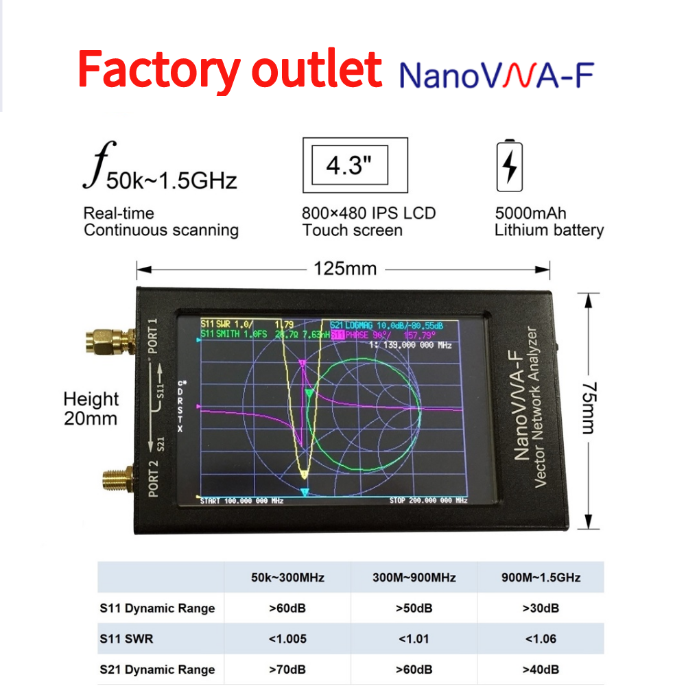 NanoVNA-F 4.3" LCD Display 50khz-1.5Ghz HF VHF UHF VNA Vector Network Analyzer 