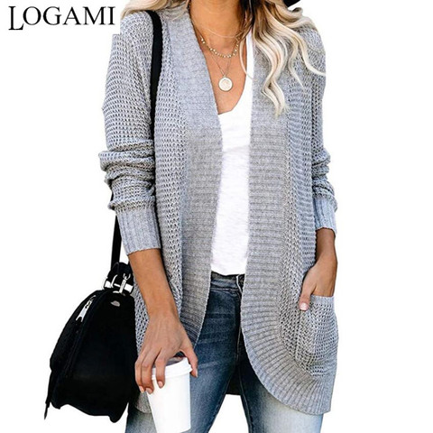 LOGAMI Curved Placket Pocket Sweater Women Long Sleeve Solid Cardigan Womens Autumn Knitwear ► Photo 1/6