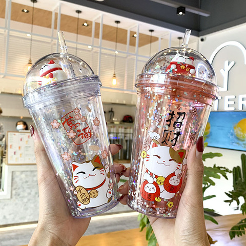 Creative Lucky Cat water bottle with Straw Japanese pink cute Ice