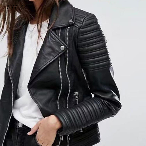 FTLZZ 2022 New Women Smooth Motorcycle Faux Leather Jackets Ladies Long Sleeve Autumn Winter Biker Streetwear Black Pink Coat ► Photo 1/6