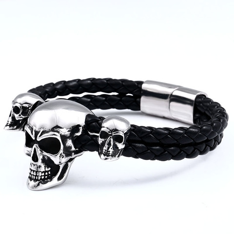 BEIER 316L stainless steel Punk Triple Skull Leather Men's Bangle Rock biker High Quality Jewellery gift ► Photo 1/6