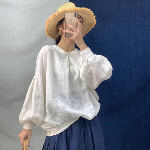 Johnature 2022 Spring Cotton Linen Loose Solid Color Womens Tops And Blouses New O-neck Lantern Sleeve Button 3 Colors Shirts ► Photo 1/6