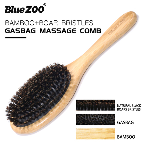 Blue ZOO Hair Brush Natural Bamboo Handle Boar Bristles Anti-static Hair Scalp Paddle Hairbrush Gasbag Massage Comb Hair Care ► Photo 1/6