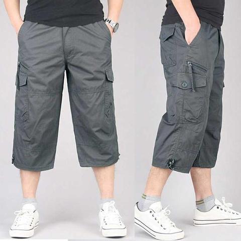 Summer Men's Casual Cotton Cargo Shorts Overalls Long Length Multi Pocket Hot breeches Military Capri Pants Male Cropped Pants ► Photo 1/6