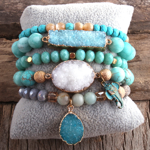 RH New Designer Boho Beaded Bracelet Set Natural Stone & Druzy 5pc Bracelets Bangles Set For Fashion Jewelry ► Photo 1/5