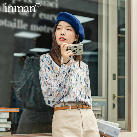 INMAN 2022 Autumn New Arrival Leaves Print Long Sleeve Lapel Youth Women Blouse ► Photo 1/5