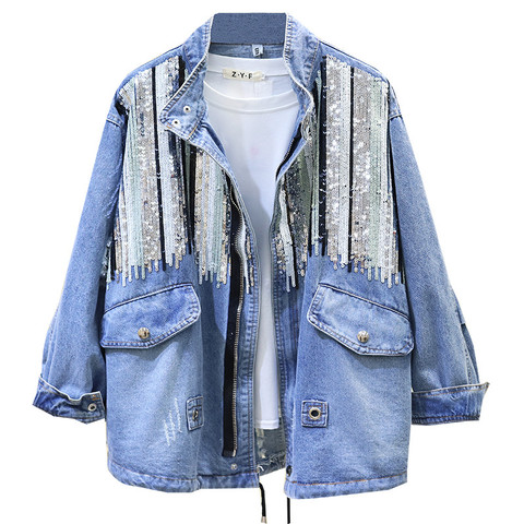 2022 New Sequins Denim Jacket Women Bomber Jacket Fashion Long Sleeves Coats Vintage Hippie Jeans Jacket Colete Feminino P358 ► Photo 1/6