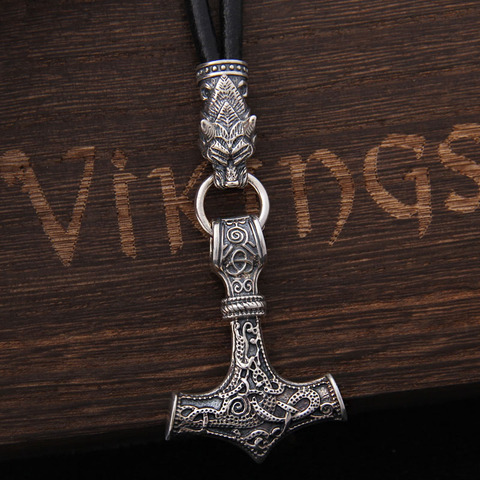 S925 Sterling Silver Viking Wolf heads with thor's hammer mjolnir pendant leather men necklace as christmas gift ► Photo 1/6