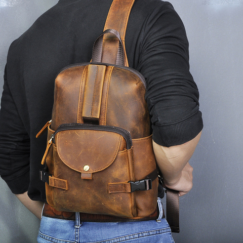 Men Original Crazy horse Leather Casual Fashion Crossbody Chest Sling Bag Design Travel One Shoulder Bag Daypack Male 3028-db ► Photo 1/6