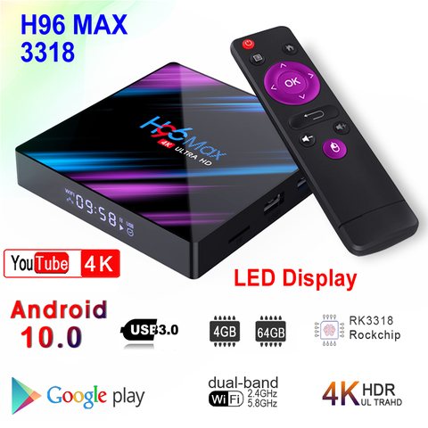 H96 MAX 3318 Android 10.0 Smart TV Box Rockchip RK3318 4GB RAM 64GB ROM BT4.0 USB3.0 2.4G 5G Dual WIFI 3D 4K HDR Media Player ► Photo 1/6