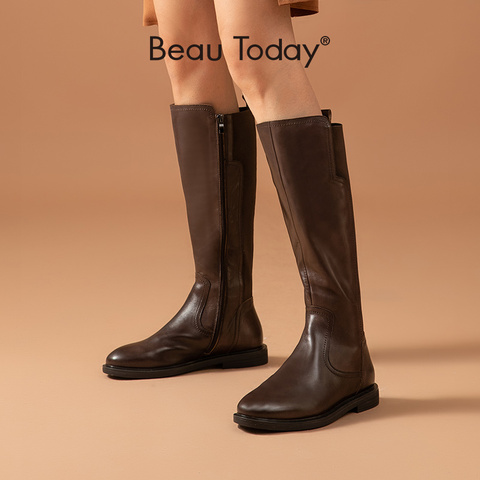 BeauToday Long Boots Women Genuine Cow Leather Elastic Band Knight Boots Side Zip Round Toe Female Flat Shoes Handmade 01217 ► Photo 1/6