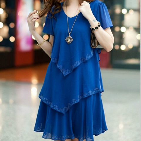 Oversize Summer Dress Women's O Neck 3 Layers Ruffle Slim Chiffon Dress Fashion Plus Size Sequin Sundress Cake Vestidos S-5XL ► Photo 1/6