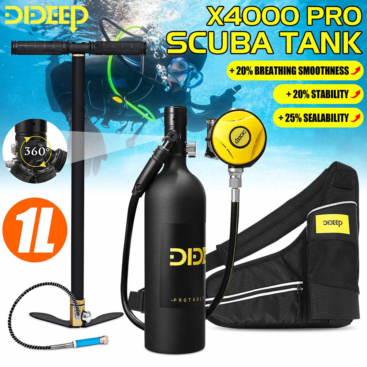 DIDEEP Scuba Diving Cylinder Mini 1L Oxygen Tank Set Respirator Air Tank With Hand Pump for Snorkeling Breath Diving Equipment ► Photo 1/6