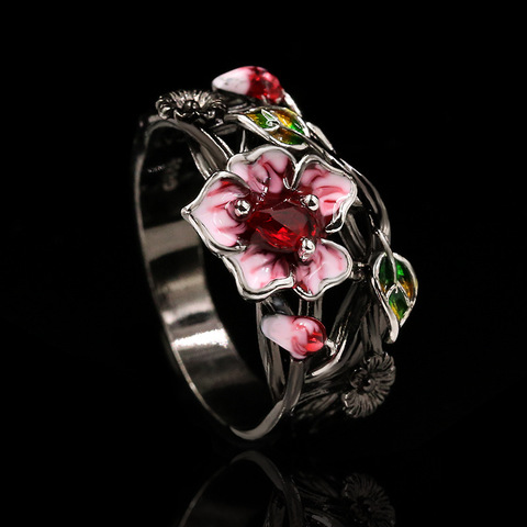 Exquisite Women's Jewelry Red Flower 925 Silver Ring Creative Elegant Women's Jewelry Attend Banquet Wedding Ring ► Photo 1/5