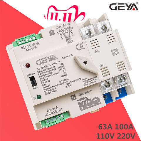 NEW GEYA W2R ATS 2P Automatic Transfer Switch Uninterrupted Power Controller Selector Switches 63A 100A 110V 220V Wire Gift ► Photo 1/6