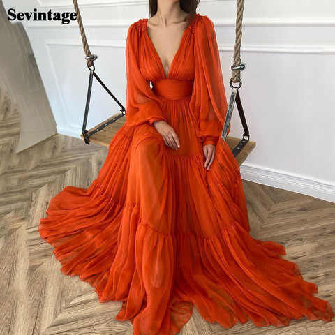 Sevintage Long Puff Sleeves Prom Dresses V-Neck Pleats Chiffon Princess Evening Gowns Women Party Dress Plus Size 2022 ► Photo 1/6