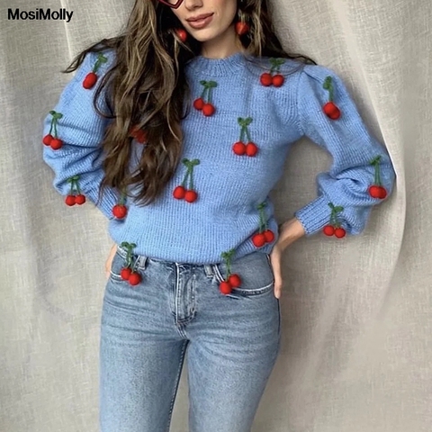 MosiMolly Pretty Cherry Sweater pullovers jumper women o neck knitted sweater 2022 autumn winter knits loungewear Mohair Sweater ► Photo 1/6