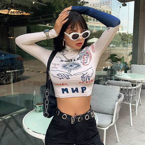 Autumn Print Long Sleeve Turtleneck Stretchy Tshirt Woman Skinny High Street Crop Tops Casual Fashion Female Graphic Tees Shirt ► Photo 1/6
