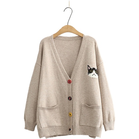 Women Cardigans Cartoon Cat Embroidery Casual Knitted Sweater 2022 Winter Long Sleeve V-neck Multicolor Button Preppy Style Top ► Photo 1/6