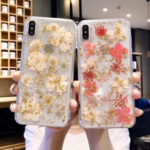 Qianliyao Real dried flower phone case for iphone 12 11 pro max X XS XR 7 8 plus 6 6s SE Cases Gold Silver Platinum Soft Cover ► Photo 1/6
