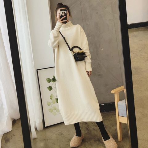 Sweater Dress Women Knitted Turtleneck Solid Dress Autumn Winter Warm Knit Female Dress Loose Midi Vestidos Dresses Big Sizes ► Photo 1/6