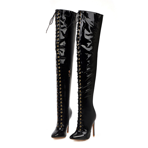 Sexy High Heels Boots Women Over The Knee Boot Pointed Toe Lace-up Thigh High Boots Female Fetish Dancing Shoes Big Size 34-48 ► Photo 1/6