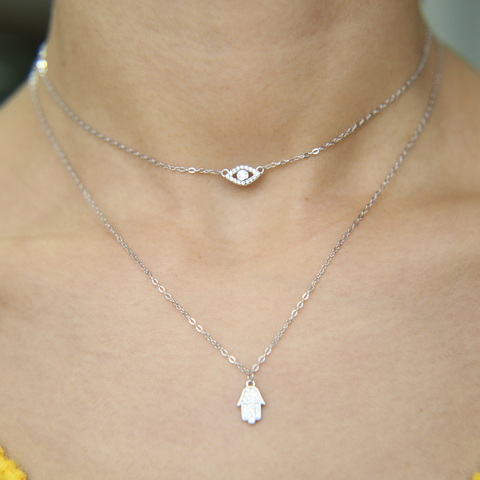 New sexy women jewelry lucky hamsa hand evil eye cham drop silver color paved cz jewelry double layer necklace real 925 silver ► Photo 1/4