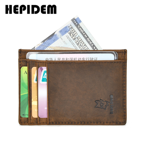 HEPIDEM RFID High Quality Crazy Horse Genuine Leather Slim Wallet 2022 New Front Pocket Money Dollar Bill Mini Purse for Men 109 ► Photo 1/6