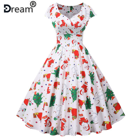 White Christmas Party Dress Women 2022 Short Sleeve V Neck Elegant Vintage Print Xmas New Year Prom Sundress Plus Size 3XL Robe ► Photo 1/6