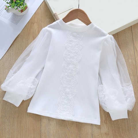 New Spring Autumn Baby Toddler Cotton Clothes Princess Girls Blouse White Lace Long Puff Sleeve O-Neck Girl Shirt Kids Tops Tee ► Photo 1/6