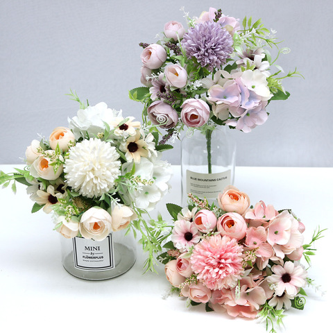 1pcs mixed flower beautiful peony artificial flower hydrangea silk fake bouquet for home wedding decoration DIY dandelion foam ► Photo 1/6