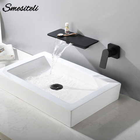 Smesiteli Waterfall Brass Matte Black Wall Mounted Hot and cold water Bathroom Bathtub Basin Faucet ► Photo 1/6