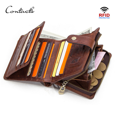 CONTACT'S Genuine Leather RFID Vintage Wallet Men With Coin Pocket Short Wallets Small Zipper Walet With Card Holders Man Purse ► Photo 1/6