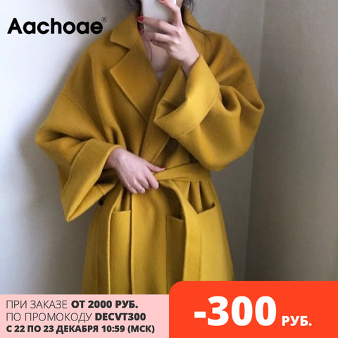 Aachoae Elegant Solid Long Wool Coat Women Batwing Long Sleeve Loose Pocket Coat Split Hem Chic Stylish Jacket Winter Autumn ► Photo 1/6