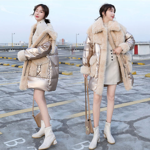 Winter Down Parka Wool Fur Jacket Women Bright face down cotton Outwear Female Elegant Patchwork Parkas Ladies Winter Coat women ► Photo 1/6