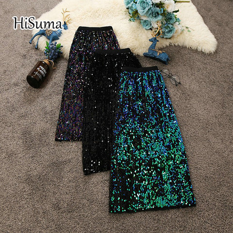 HISUMA 2022 autumn winter new women's chic sequines shiny package hip skirts female high waist vintage bling pencil skirt ► Photo 1/5
