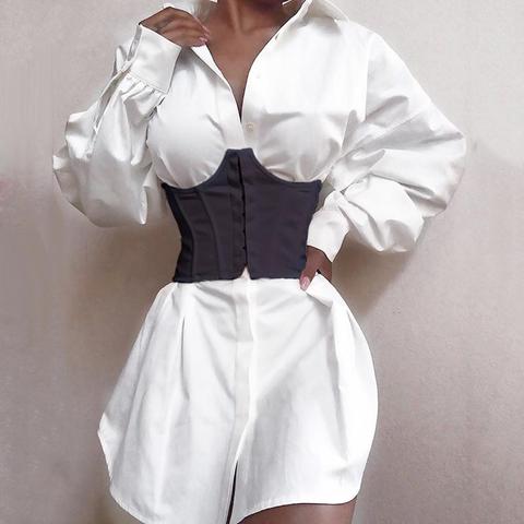 Women Solid Color Turn Down Collar V Neck Long Sleeve Shirt Mini Dress Corset ► Photo 1/6